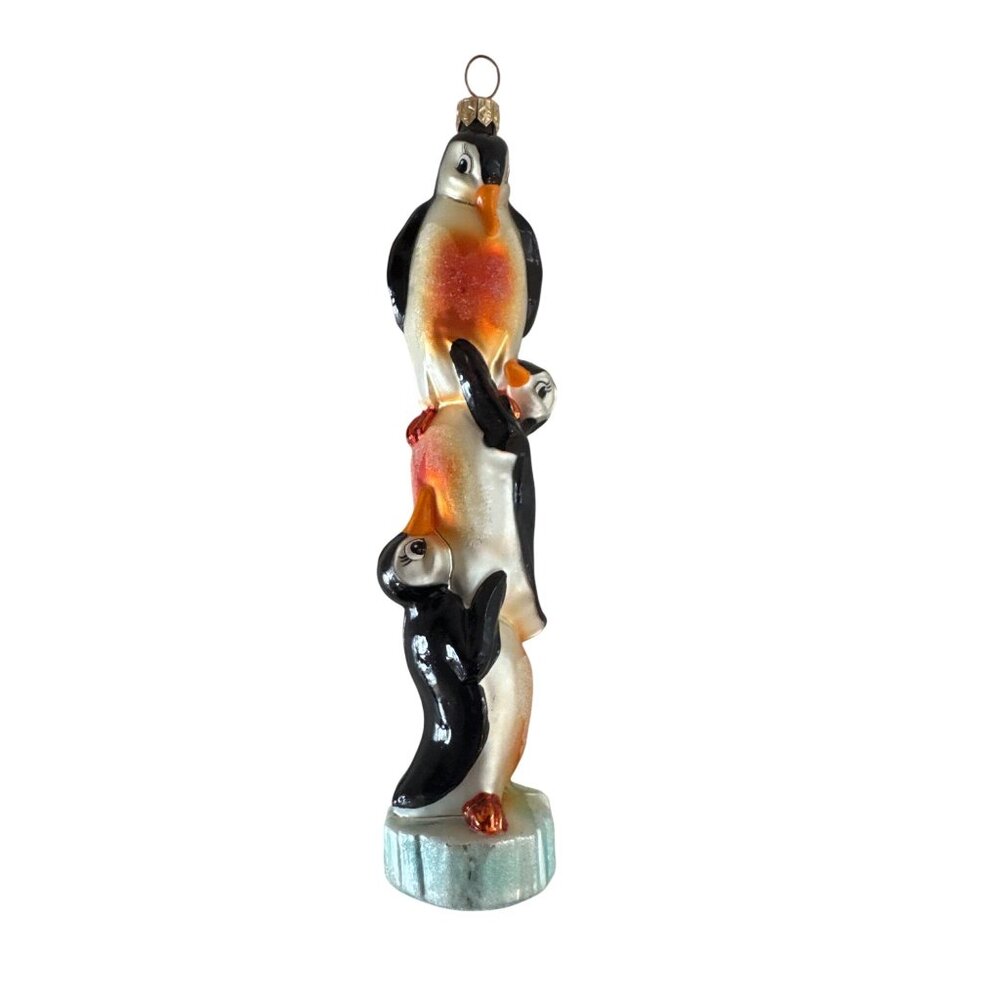 Hand-Painted Glass Penguin Family Christmas Ornament Black/Orange/White Figurine